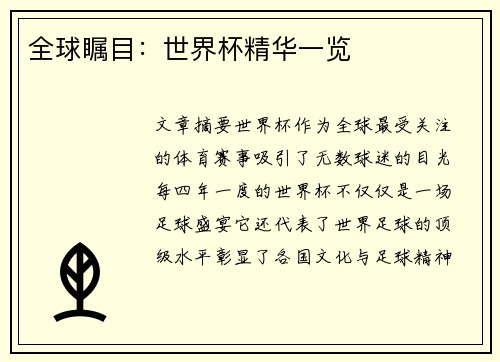 全球瞩目：世界杯精华一览