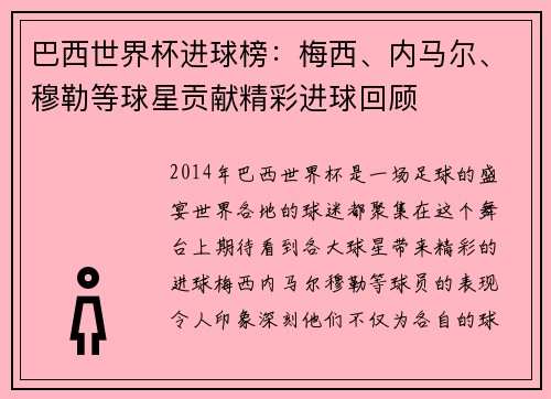 巴西世界杯进球榜：梅西、内马尔、穆勒等球星贡献精彩进球回顾
